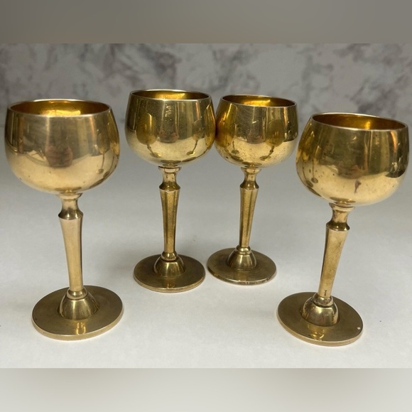 Other - Vintage Solid Brass Wine Goblet Set of 4, Retro Barware